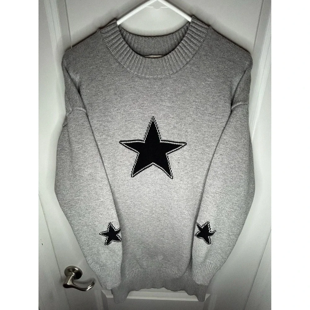 Vintage Black Star Logo Grey Knitted Crewneck Sweater Sz Womens‎ Large